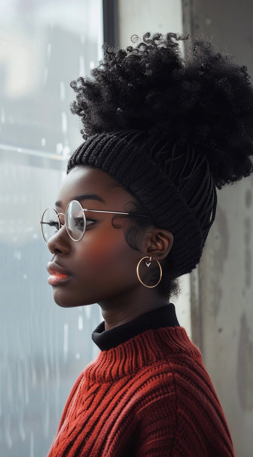 A woman with a high puff hairstyle is wearing a black beanie that has an opening for the puff, giving a trendy look.