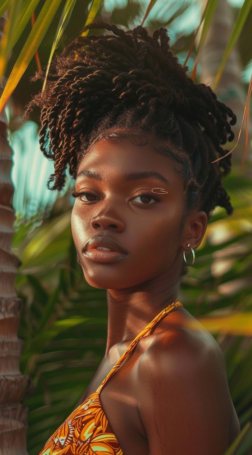 In the photo, a woman with a high puff and twists poses by the beach.