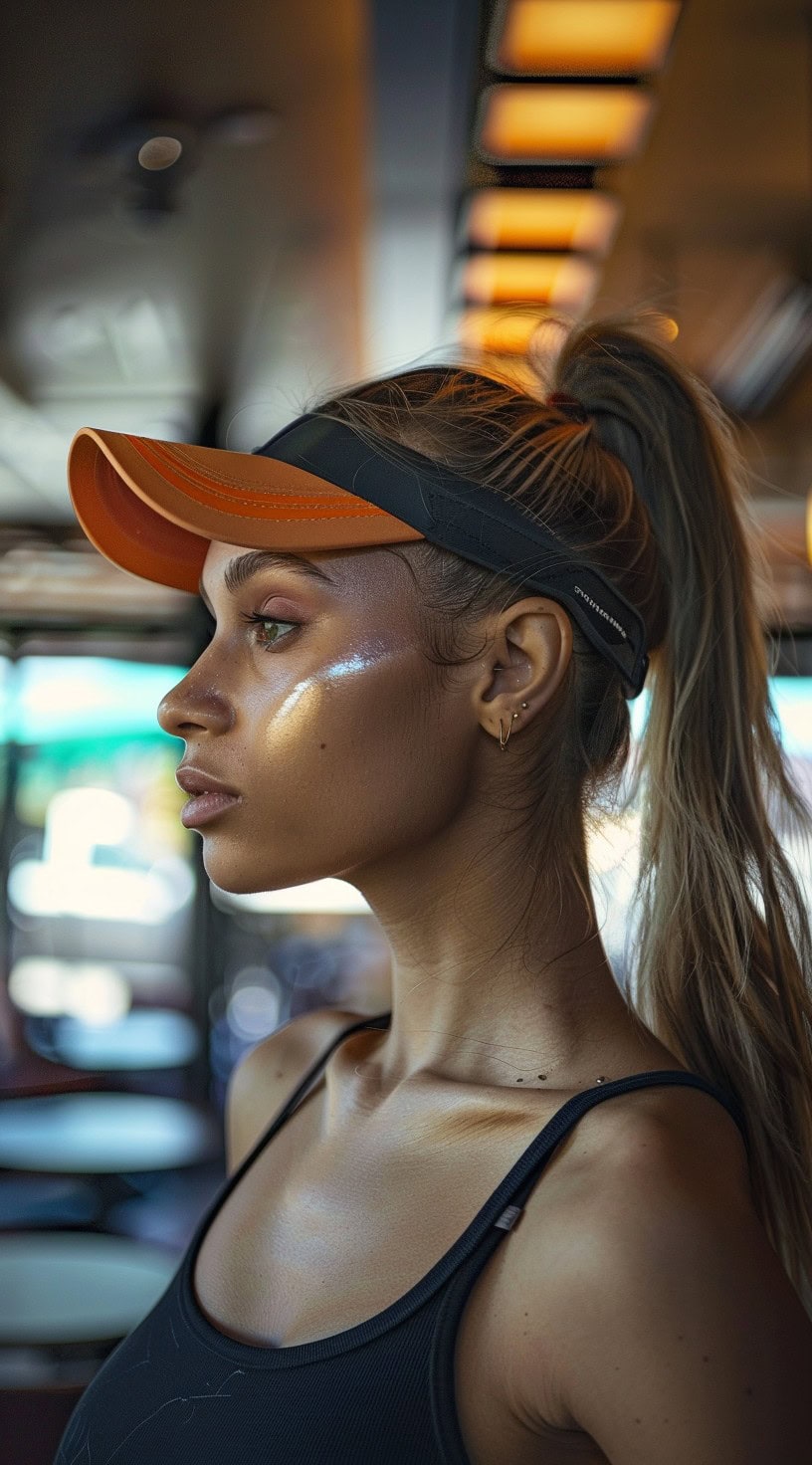 Profile view of a woman with a high sleek ponytail wearing an orange visor hat.