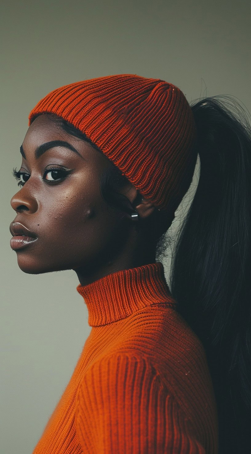 A woman with a high straight ponytail is wearing an orange beanie with an opening for the ponytail, creating a sleek and modern look.