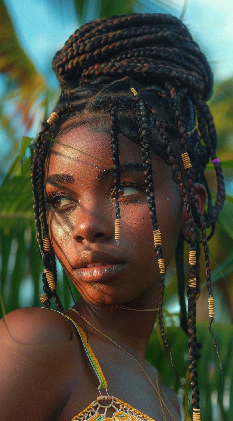 In the photo, a woman with an intricate braided bun adorned with beads stands among palm trees.