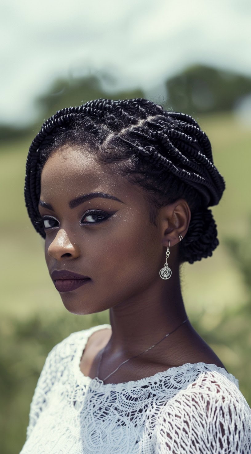 Elegant woman with intricate cornrow crochet twists, wearing statement earrings and a lace top, exuding confidence.