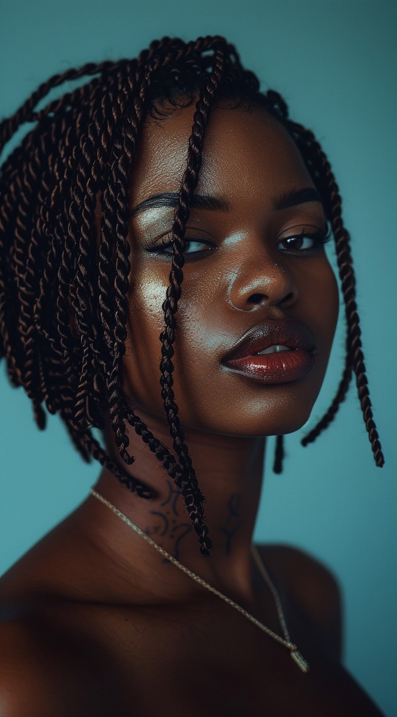 Confident woman with an inverted bob of crochet twists, set against a serene outdoor backdrop.