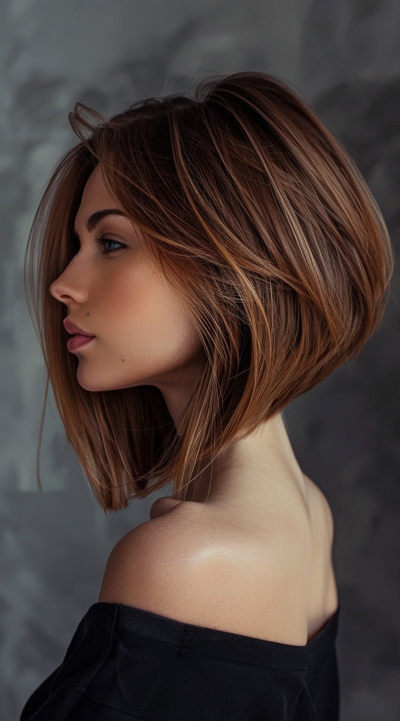 A woman with an inverted stacked long bob (lob) hairstyle is shown in the photo, highlighting its stylish and elongated layers.