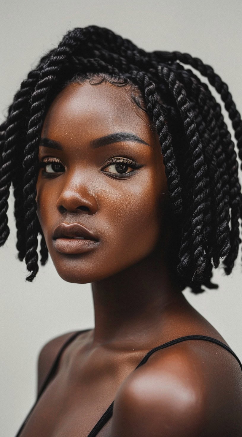 The photo shows a woman with a bob featuring jumbo-sized crochet twists.