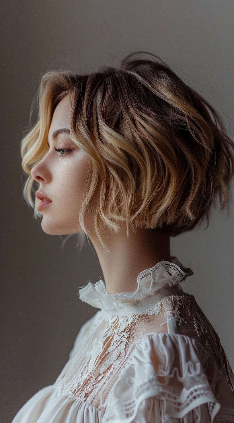 This image shows a side profile of a woman with a layered blonde stacked bob with soft waves, wearing a lace top.