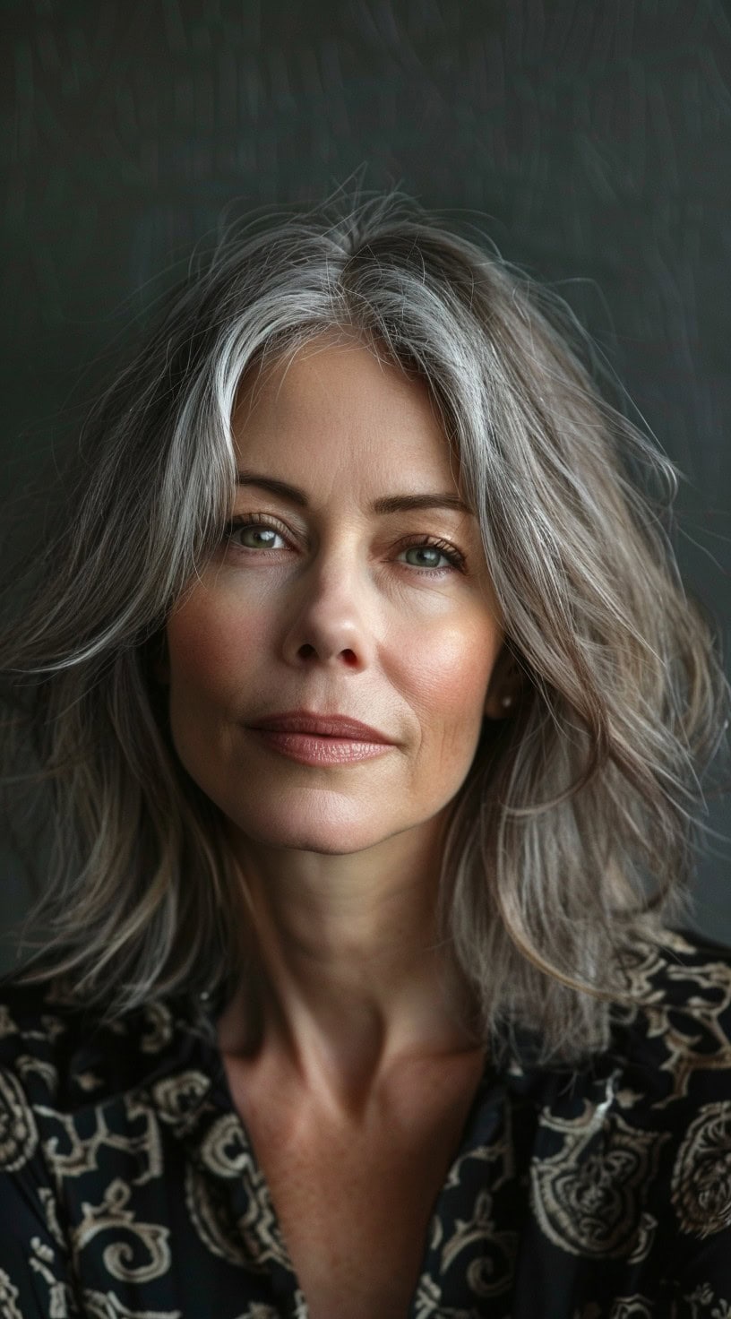 Layered bob hairstyle on a woman with silver-gray hair, adding volume and texture.