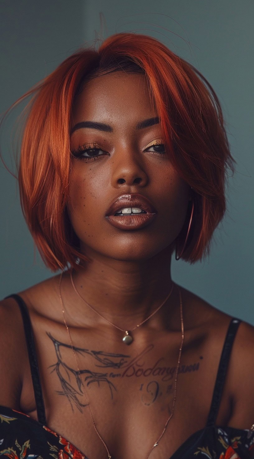 In the photo, a woman with a layered red bob and soft waves is shown.