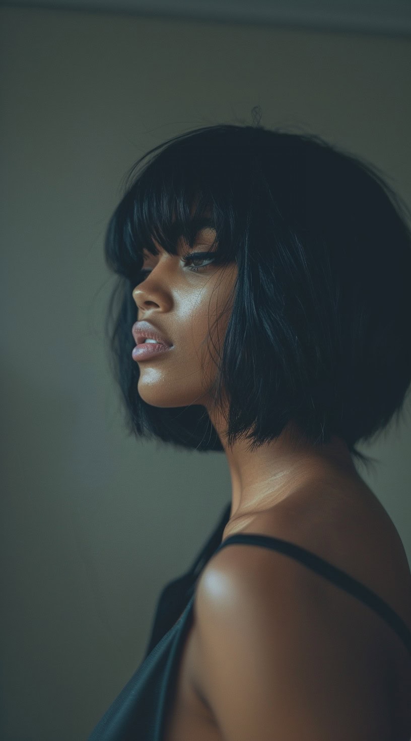 Side profile of a woman with a layered bob haircut and voluminous bangs, wearing a black dress.