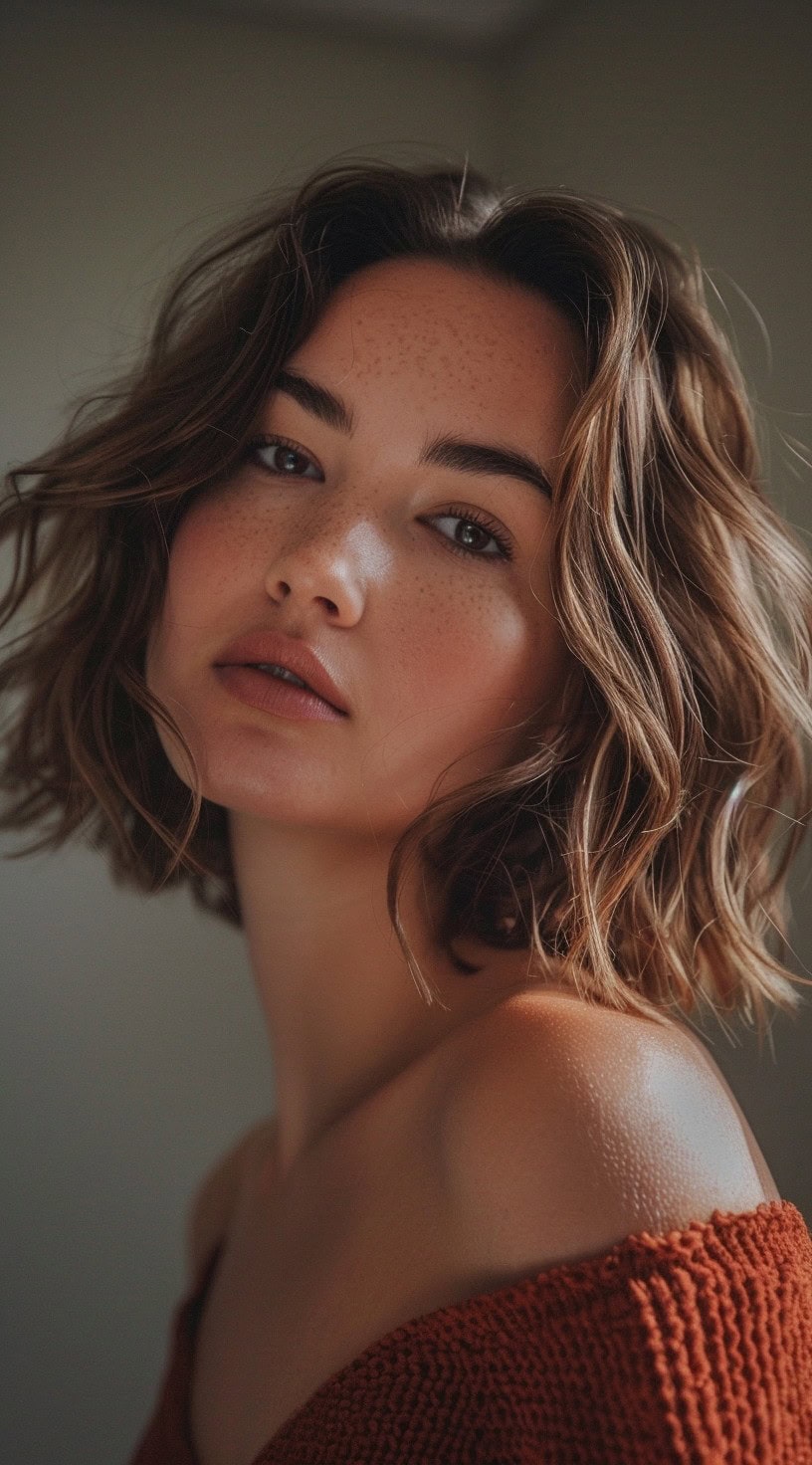 Medium-length layered bob with natural waves.