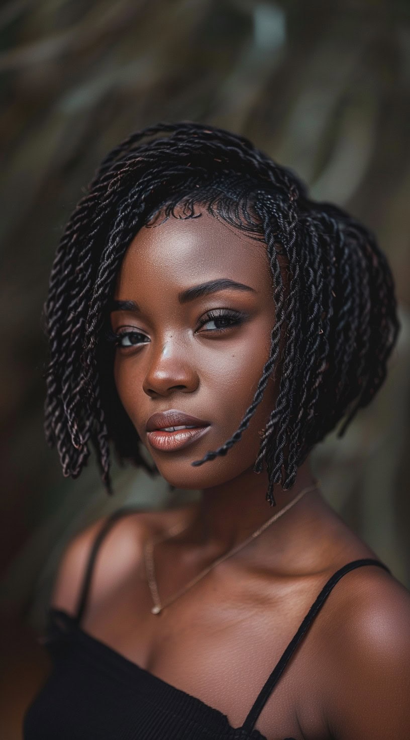 The photo shows a woman with a layered bob featuring crochet twists.