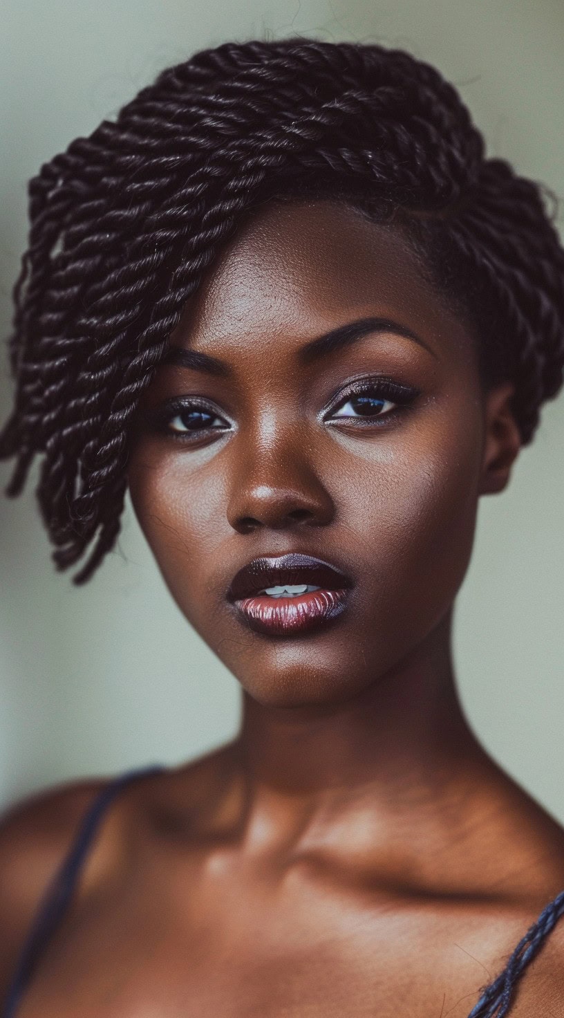 This picture shows a woman with layered crochet twists styled to create volume.