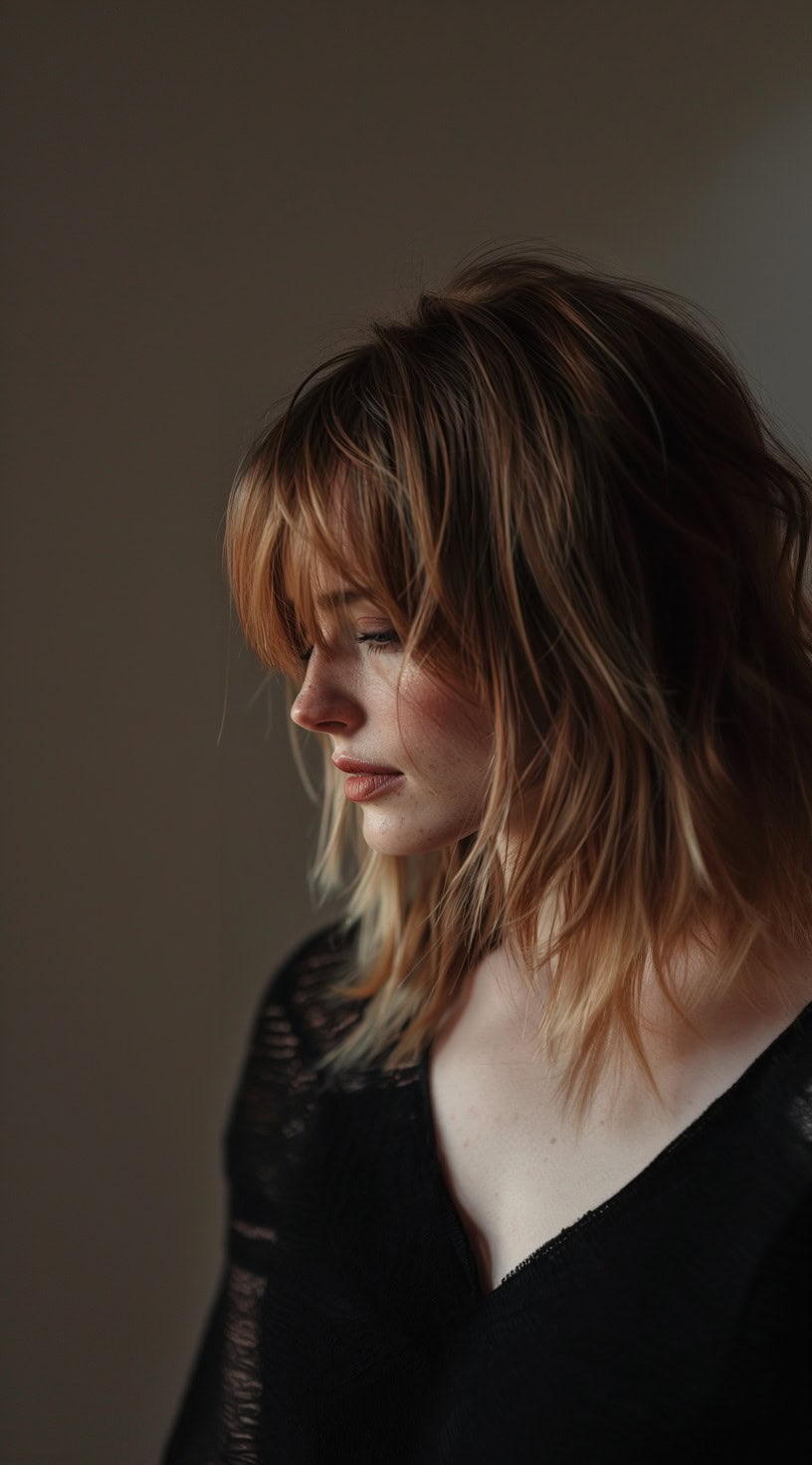 Young woman with a layered lob and blunt bangs, viewed from the side.