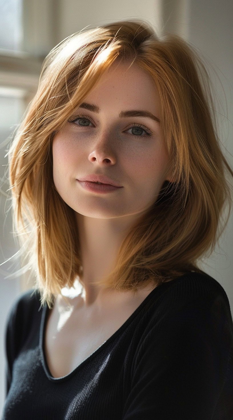 In this photo, a woman with a layered lob and light makeup smiles gently.