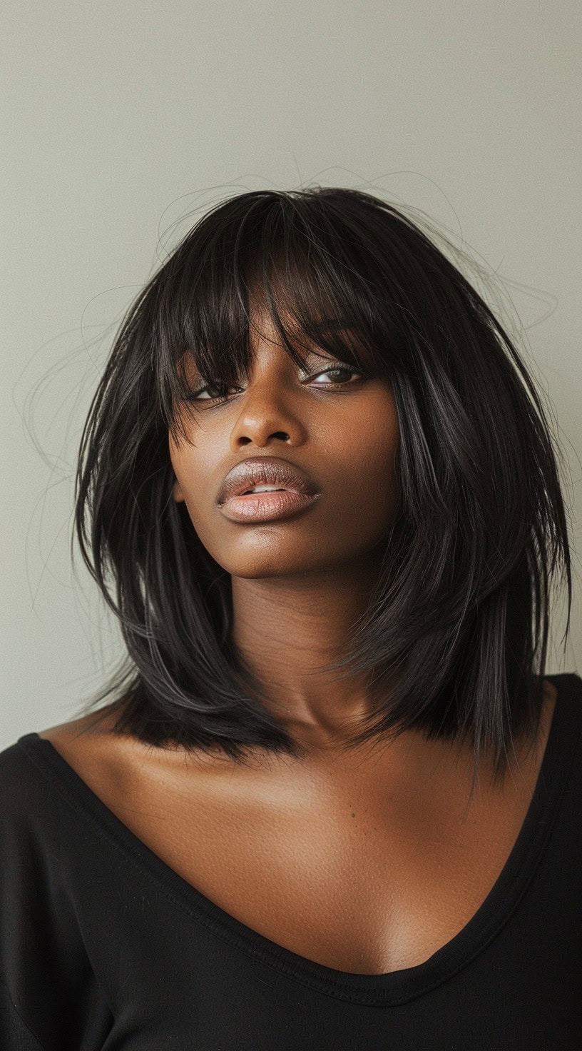 Close-up portrait of a woman with a layered long bob haircut and wispy bangs, wearing a black top.