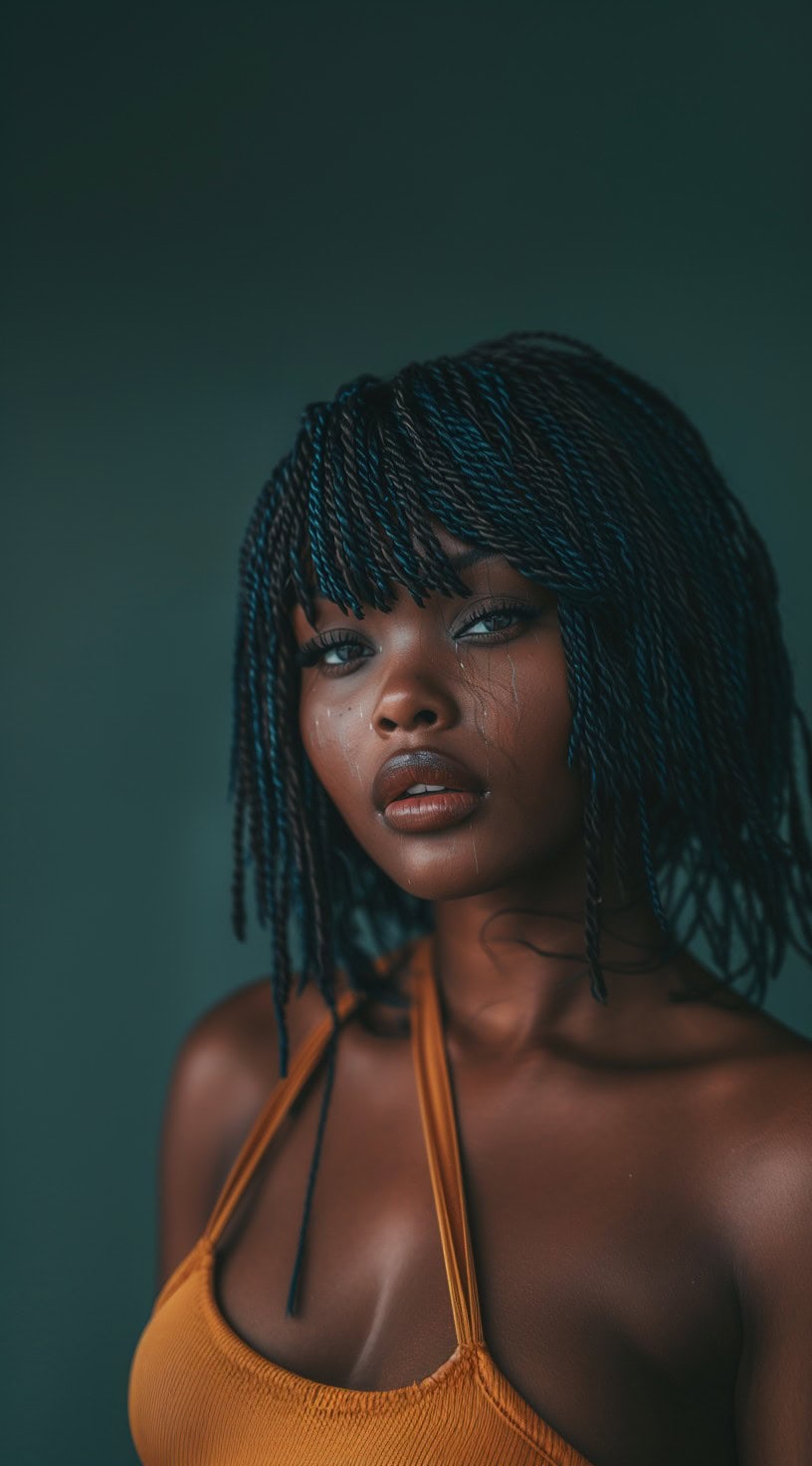 Portrait of a woman with layered crochet twists featuring bangs, wearing a mustard top.