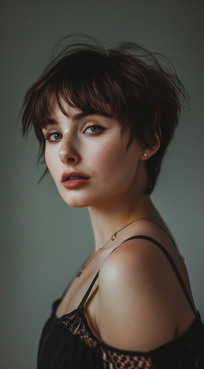 Young woman with a layered pixie cut and wispy bangs, posing with a confident expression.