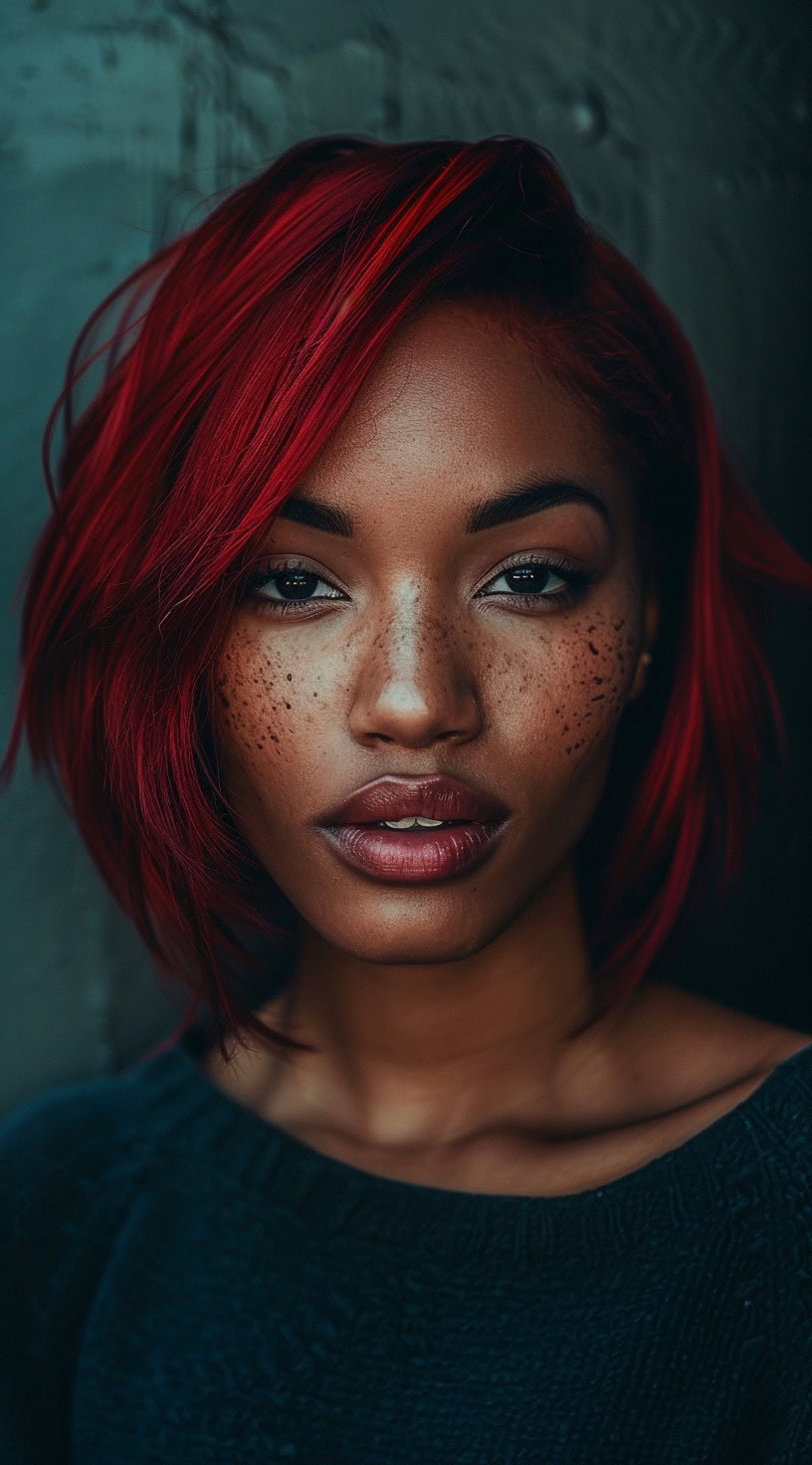 In the photo, a woman with a red layered bob and a side sweep is shown.