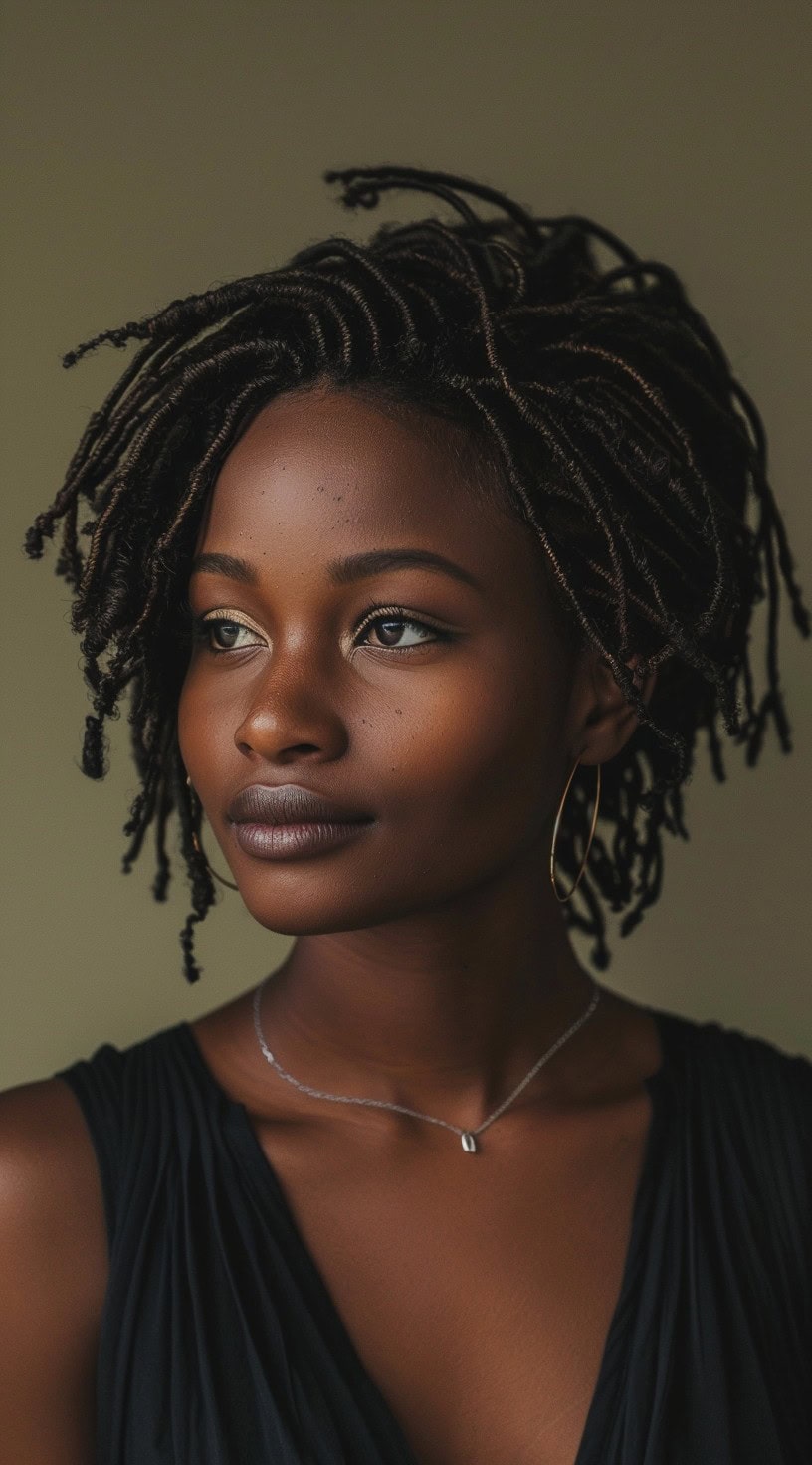 In this photo, a woman with layered thin locs with highlights looks off to the side, emphasizing the layers and color in her hairstyle.