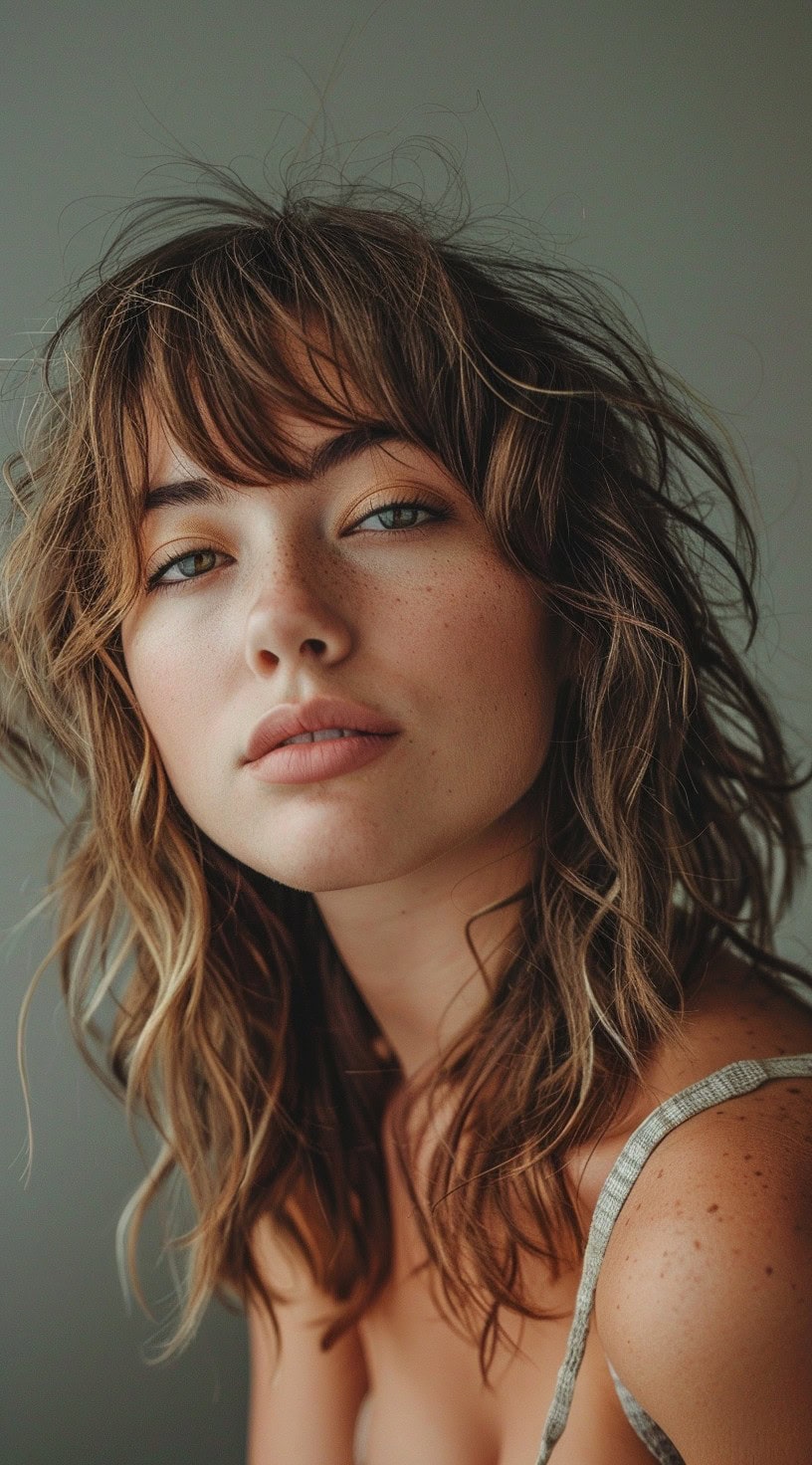 Close-up view of a woman with layered, wavy hair and wispy bangs, wearing a striped top.