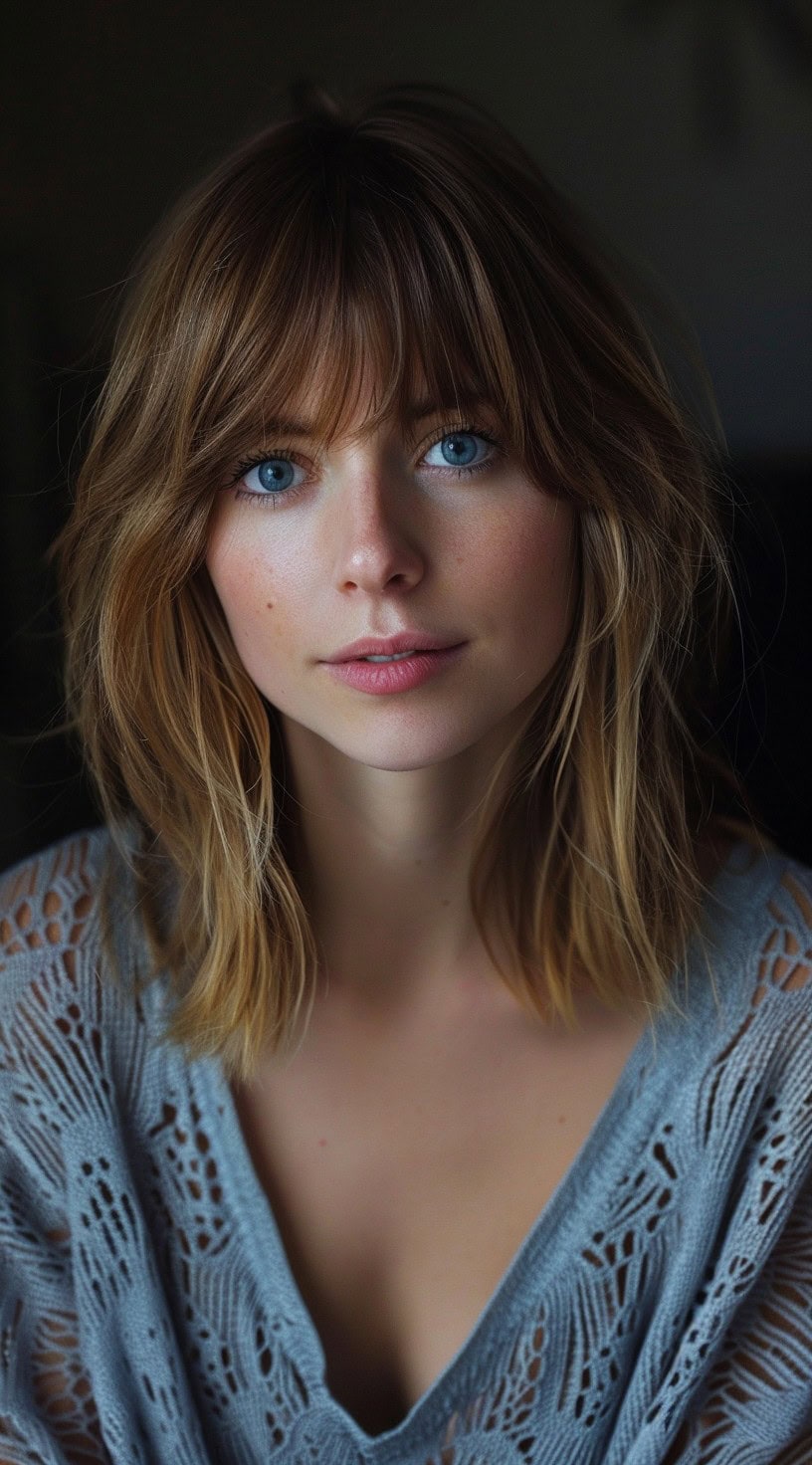 In the photo, a woman with bottleneck bangs and shoulder-length lob hairstyle gazes directly into the camera.