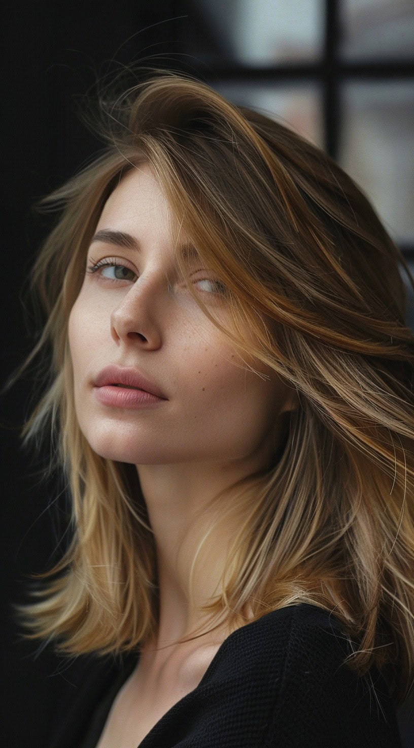 In the photo, a woman with side-swept long bangs and a smooth lob hairstyle is shown in a close-up shot.