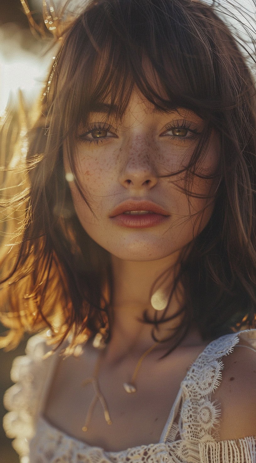 Young woman with a lob and straight bangs, featuring natural freckles.