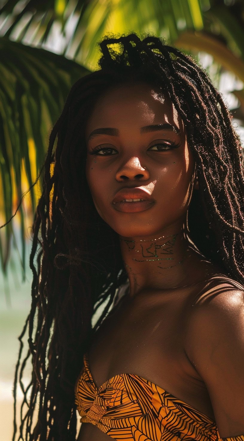 In the photo, a woman with long Bohemian locs stands by the beach.