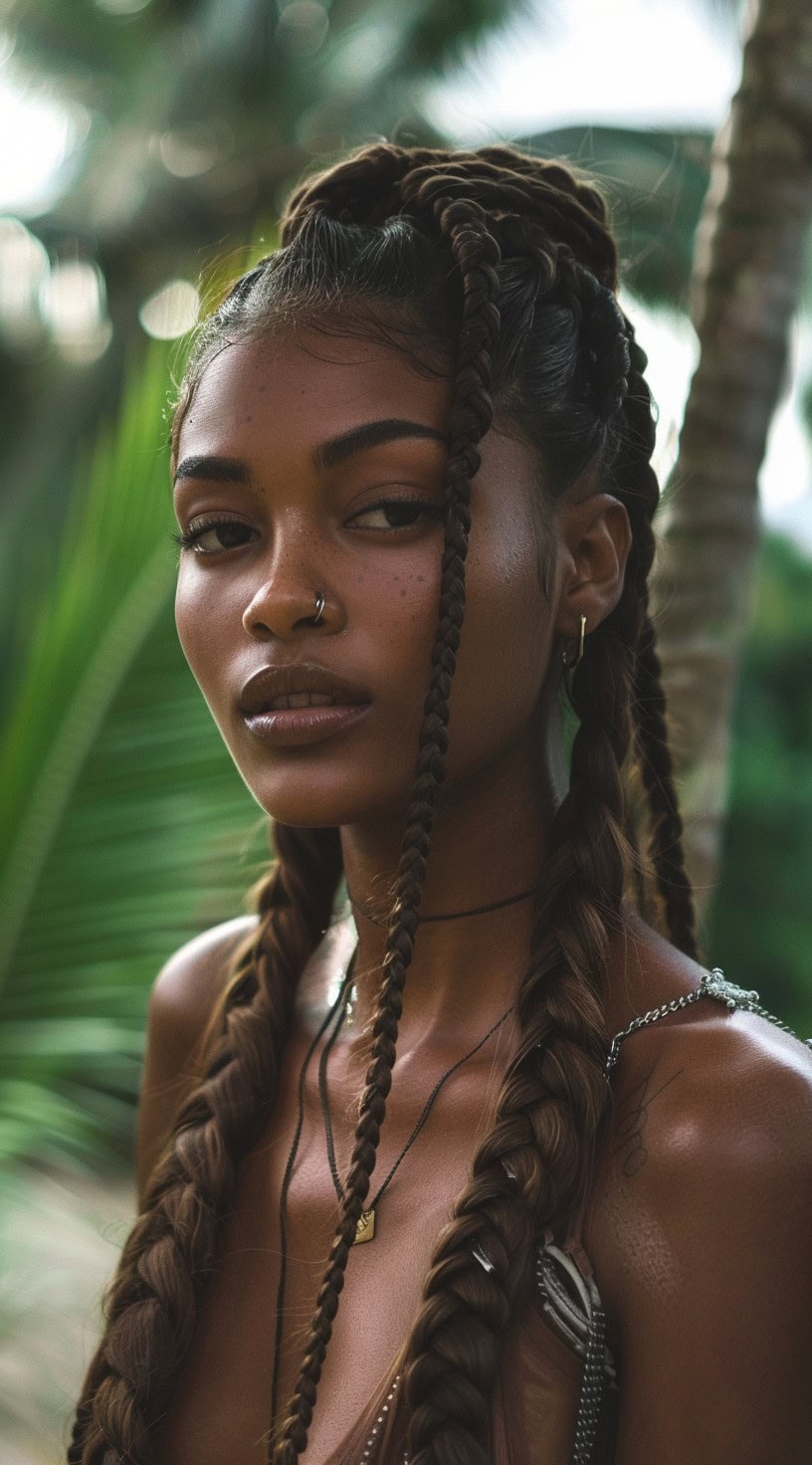 A woman with long box braided pigtails posing against a tropical background.