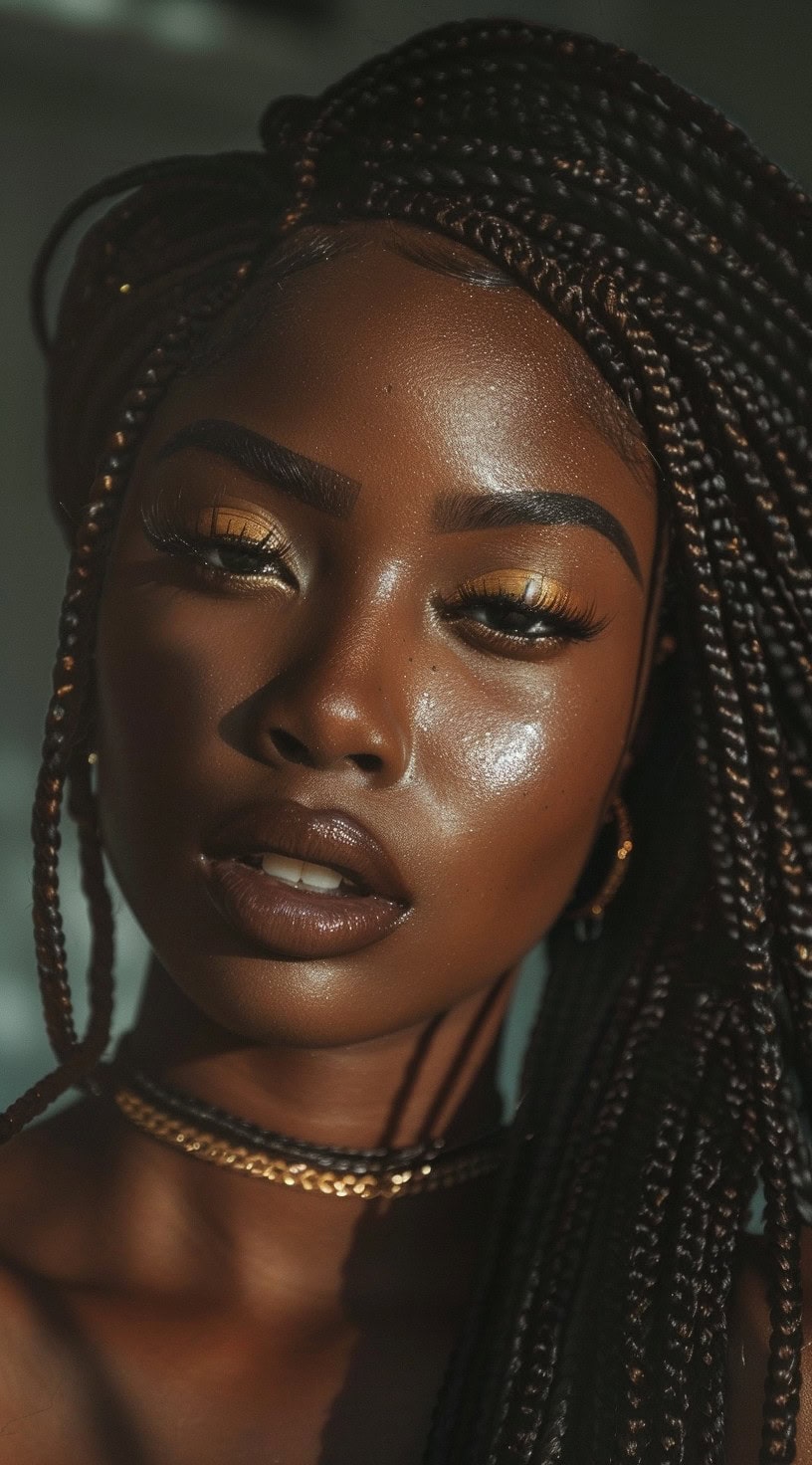 Close-up of a woman with long box braids with highlights.