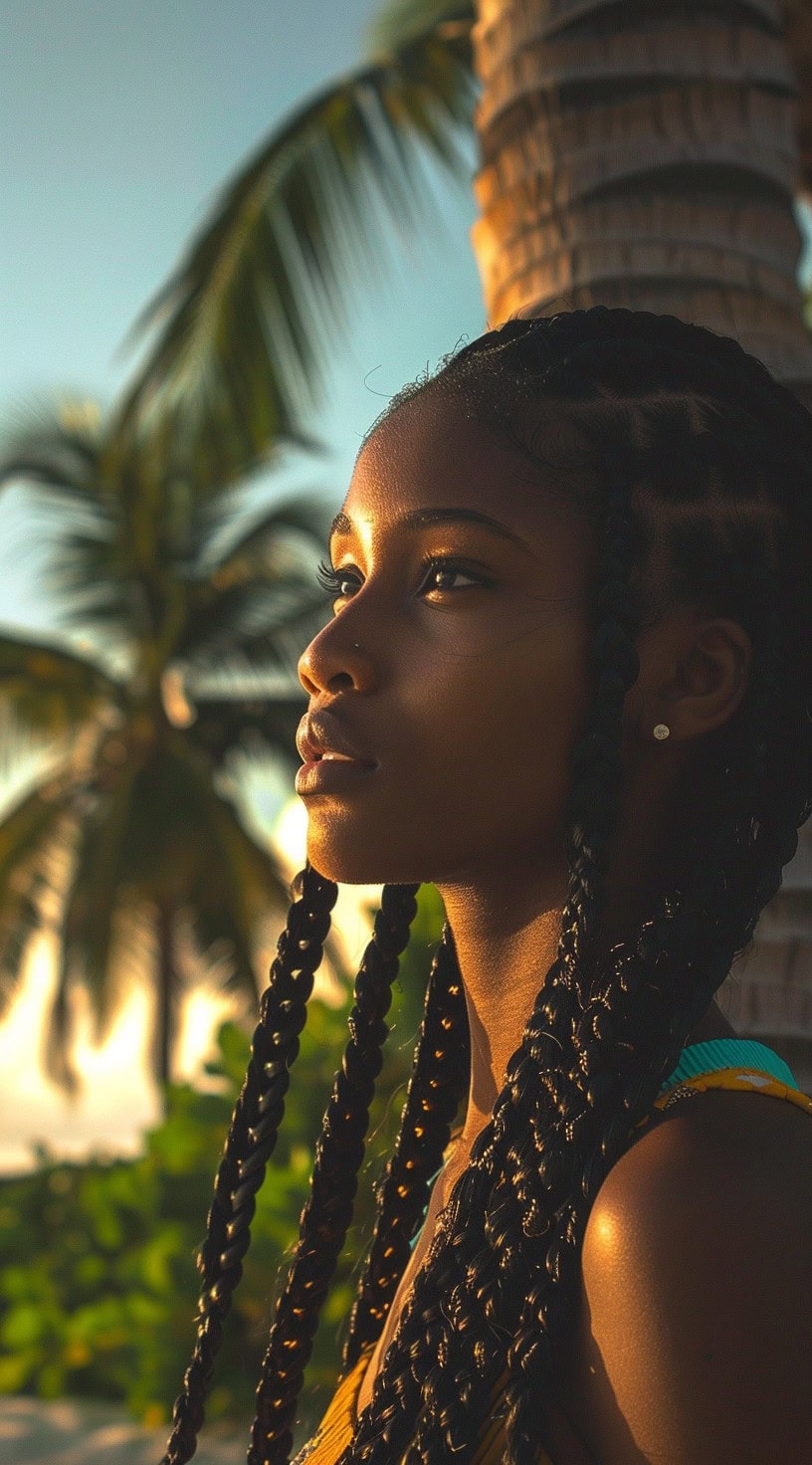 In the photo, a woman with long box braids looks out towards the ocean.