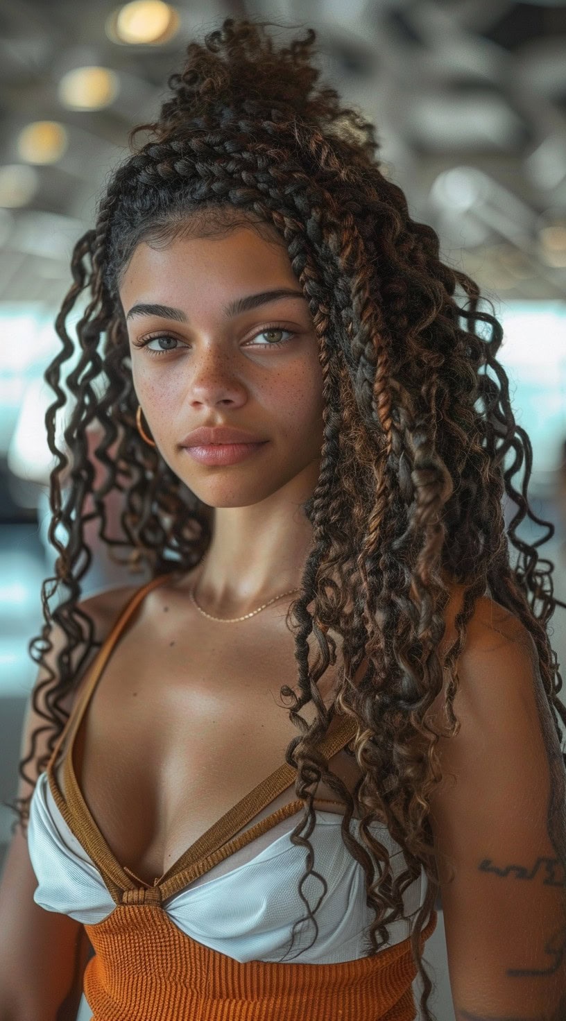 In this photo, a woman with long braided curls and a braided top knot is shown with a gentle smile.