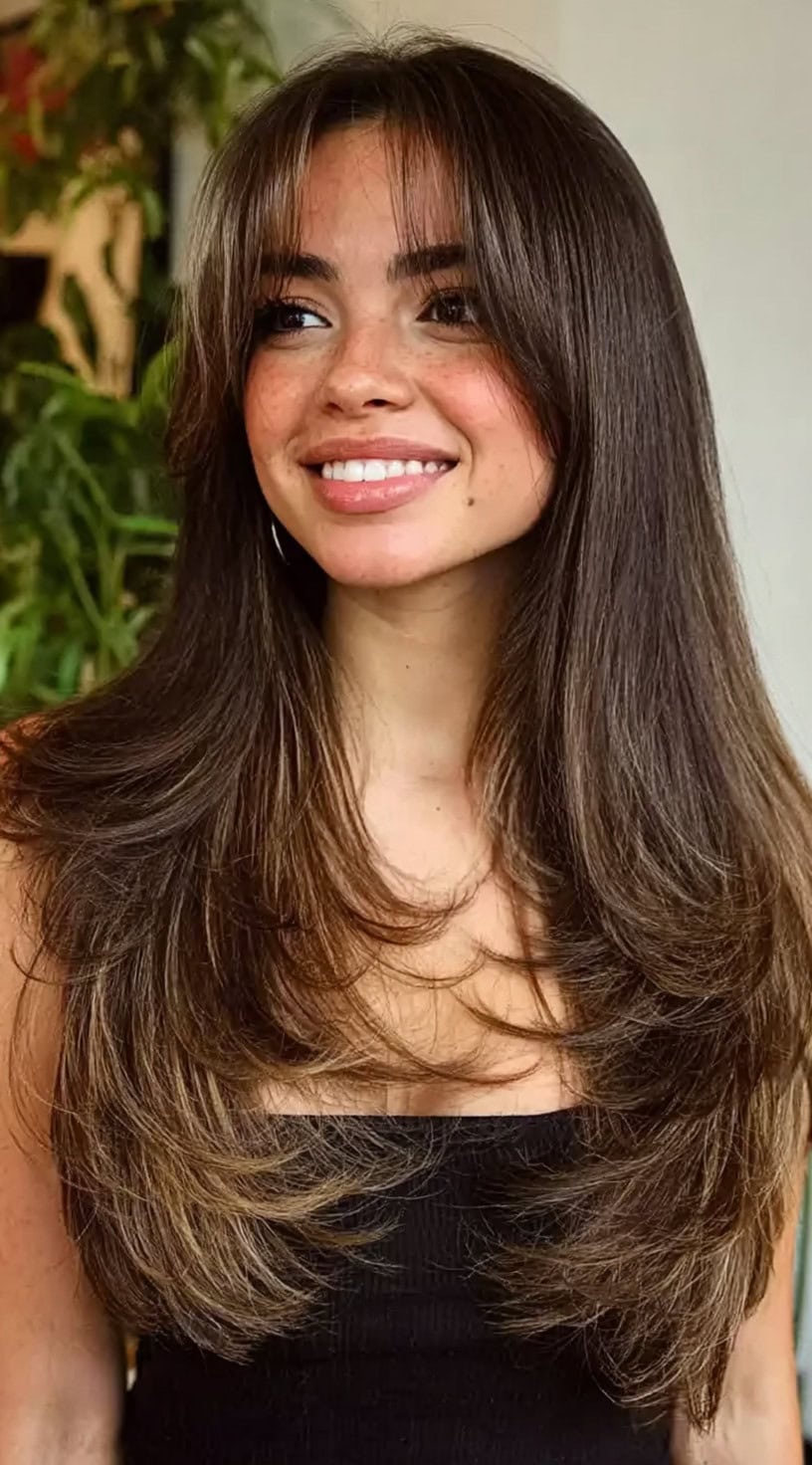 Woman with long layered hair and soft curtain bangs blending seamlessly into face-framing pieces.