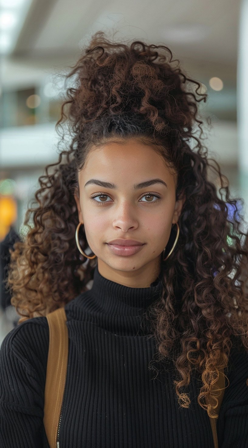 This photo shows a woman with long curly hair styled in a half-up, half-down hairstyle.