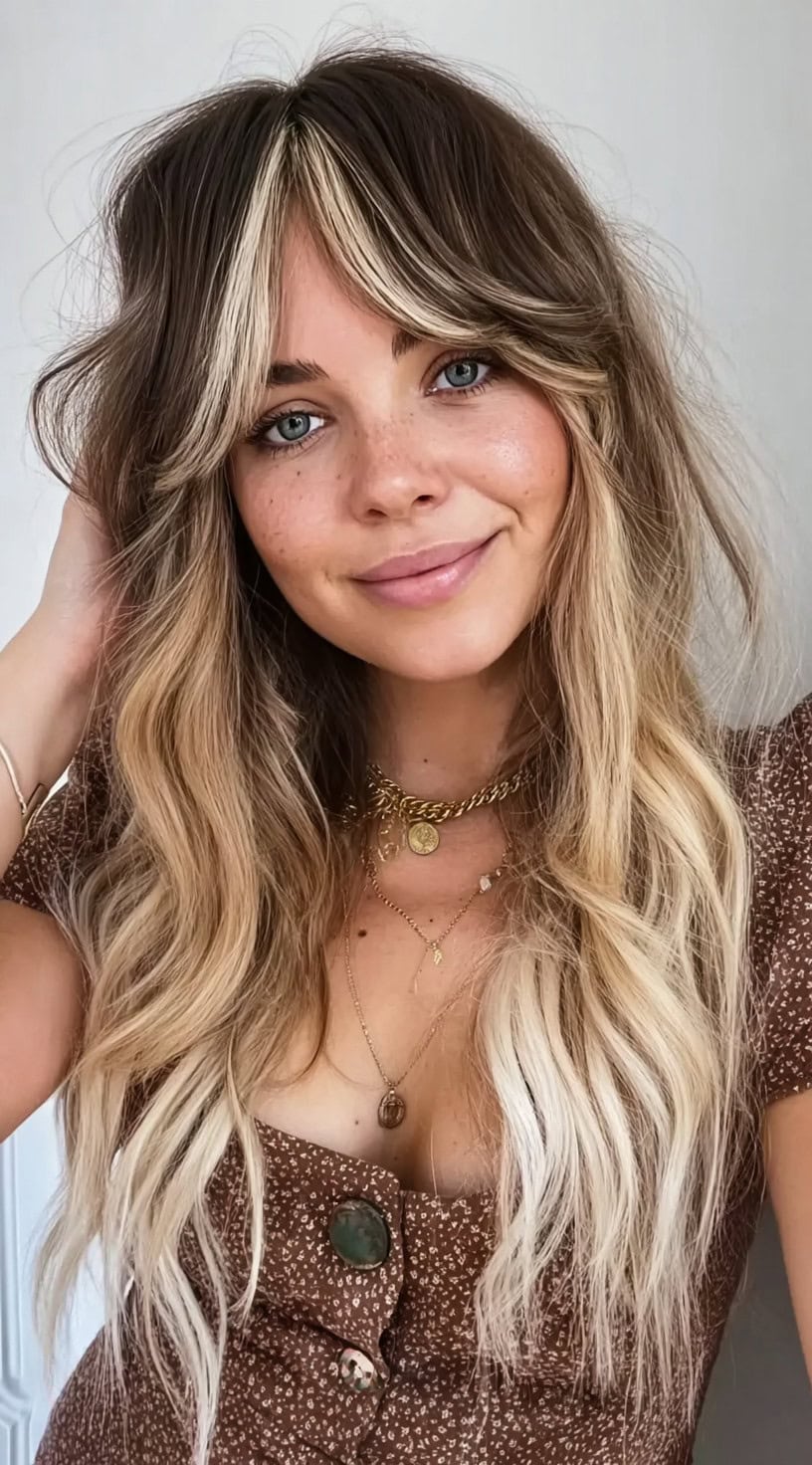 A woman with long layered hair featuring soft bottleneck bangs and blended blonde highlights framing her face.