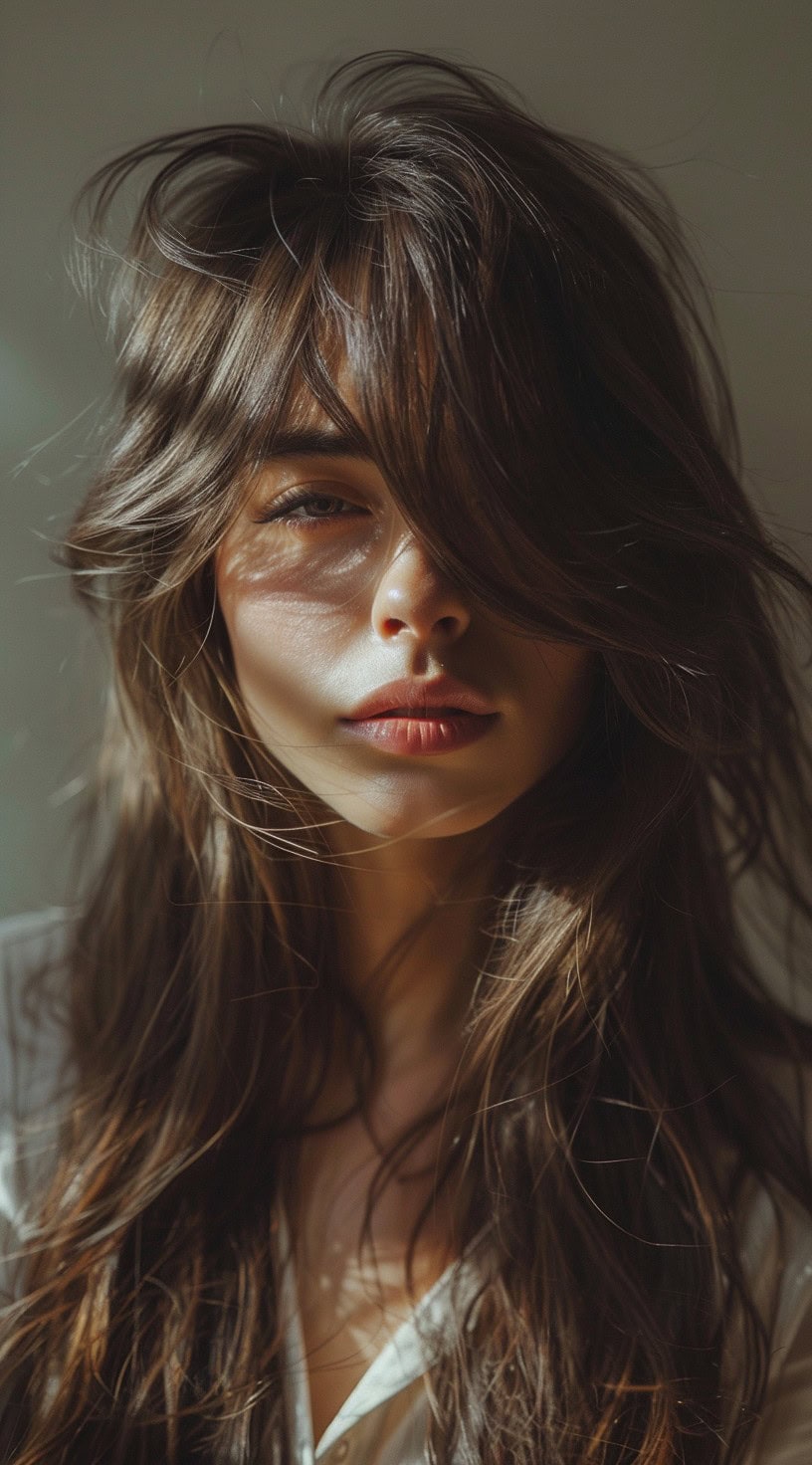 A woman with long hair styled in layers and curtain bangs framing her face.