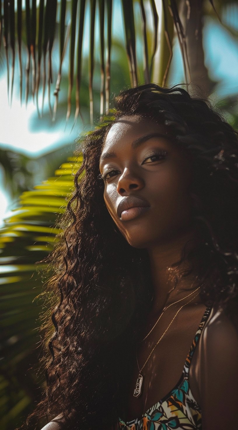 In this image, a woman with long, loose curls is standing among palm fronds, looking serene and confident.