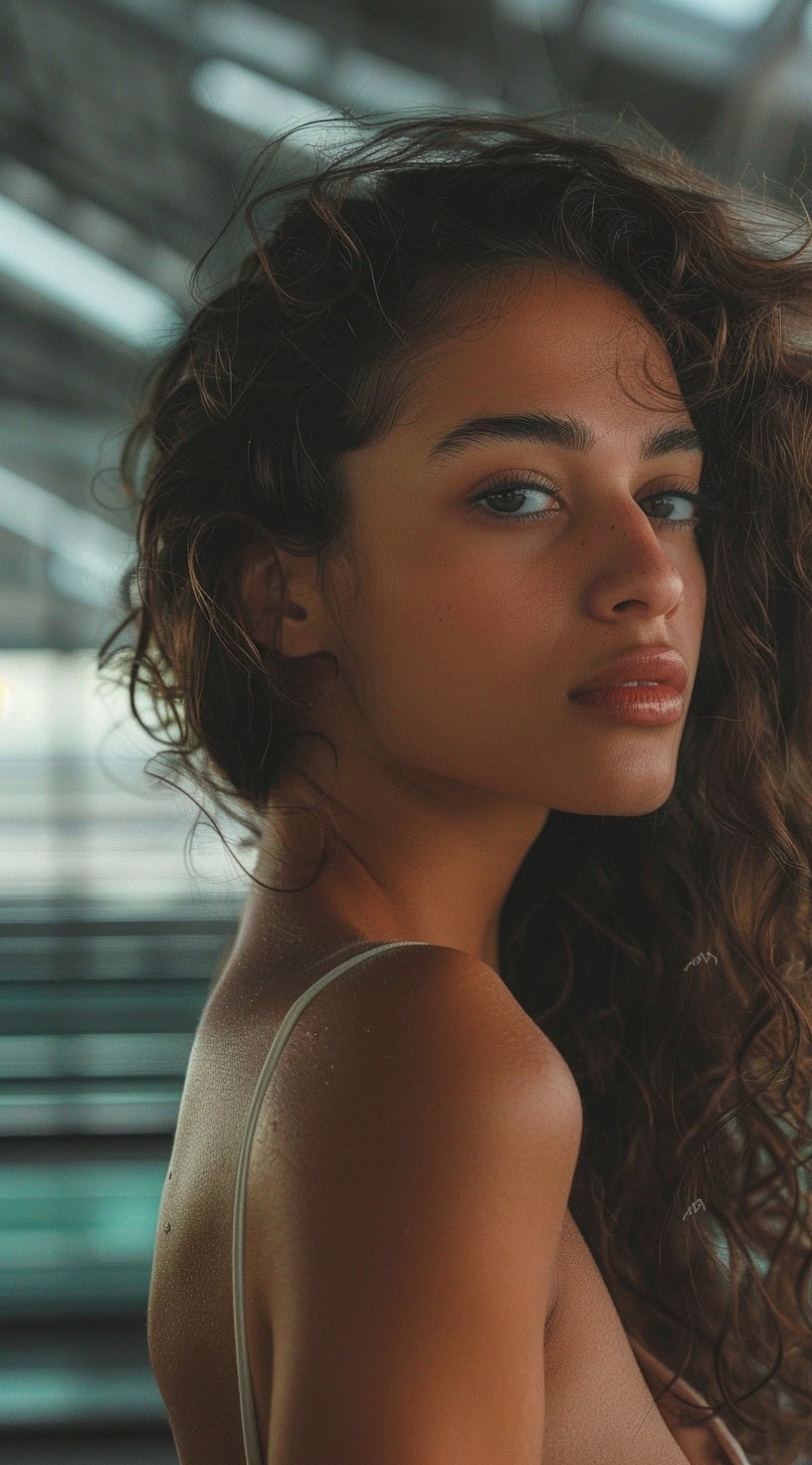 This photo shows a woman with long curly hair styled loosely to the side.