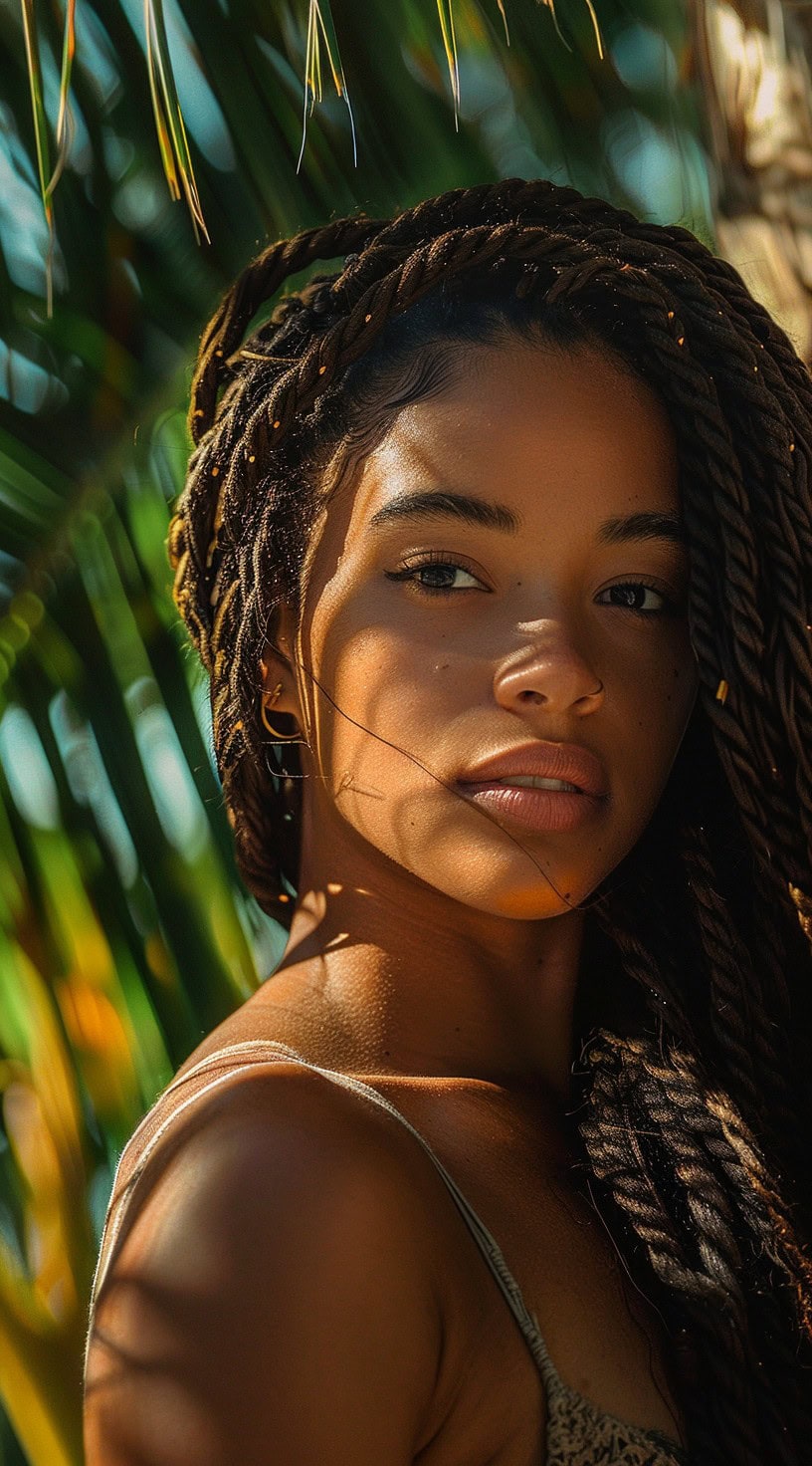 In the photo, a woman with long Marley twists stands among tropical greenery.