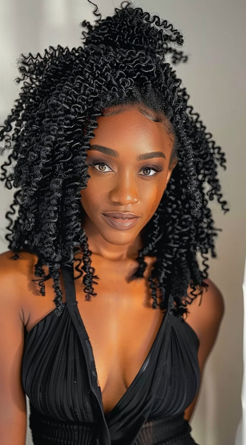 Long passion twists styled with a natural and curly finish on a woman.