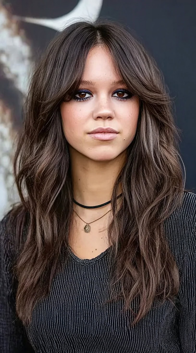 Long, tousled layered hair paired with a wispy curtain fringe that frames the face.