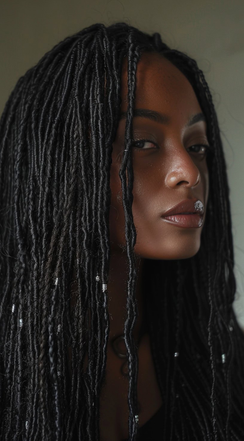 In this photo, a woman with long thin locs adorned with silver accessories gazes forward, highlighting the length and decoration of her locs.