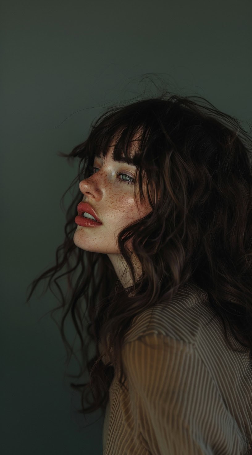 Side profile of a woman with long, wavy hair and wispy bangs, looking off to the side.