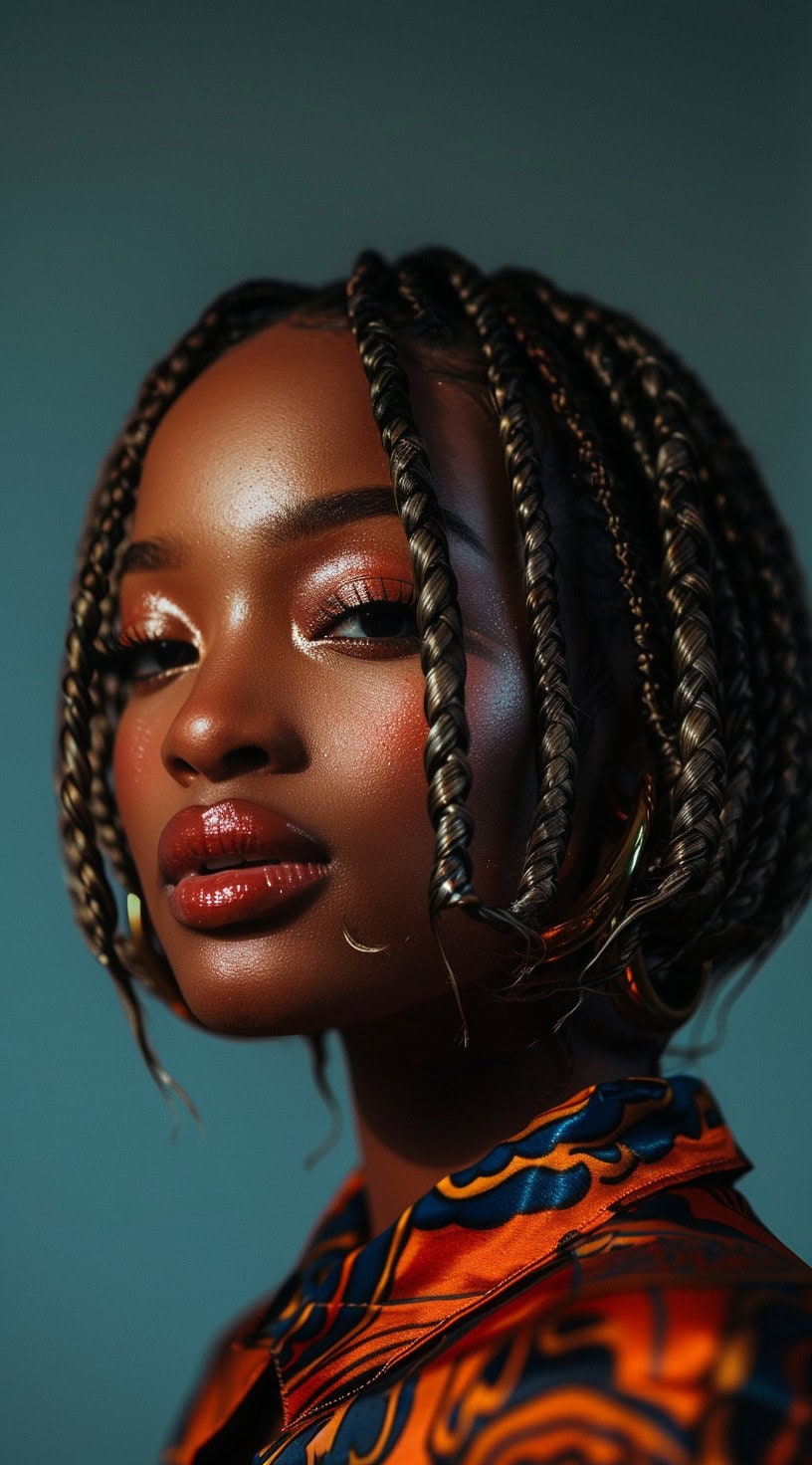 In this photo, a woman with medium-length 4c hair styled into loose box braids is shown.