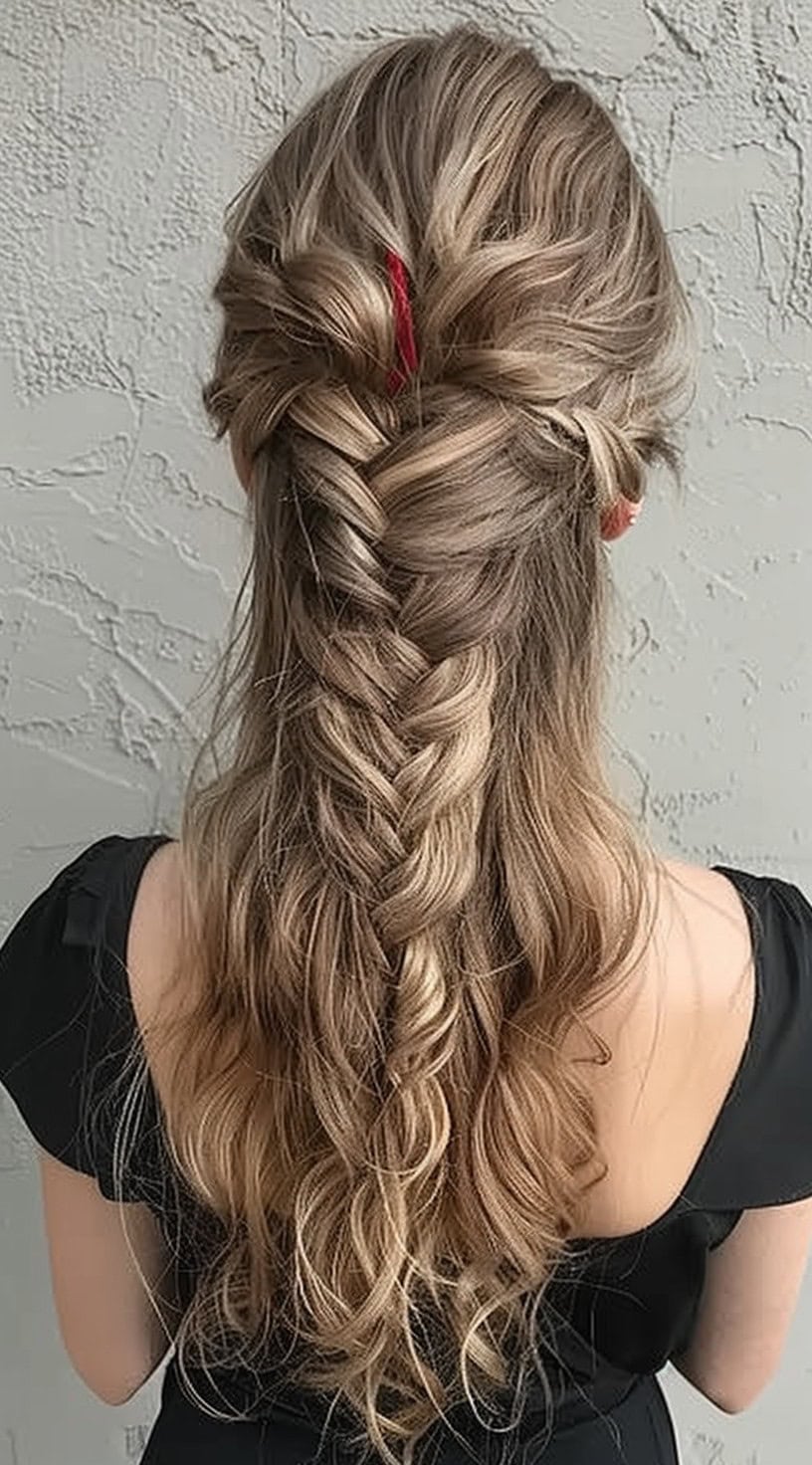 This image displays a loose fishtail braid in a half-up hairstyle.