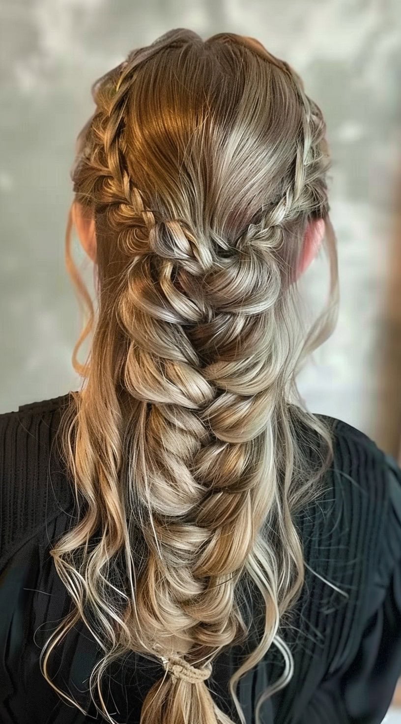 This photo features a half-up hairstyle with a loose fishtail braid and a Dutch braided crown.