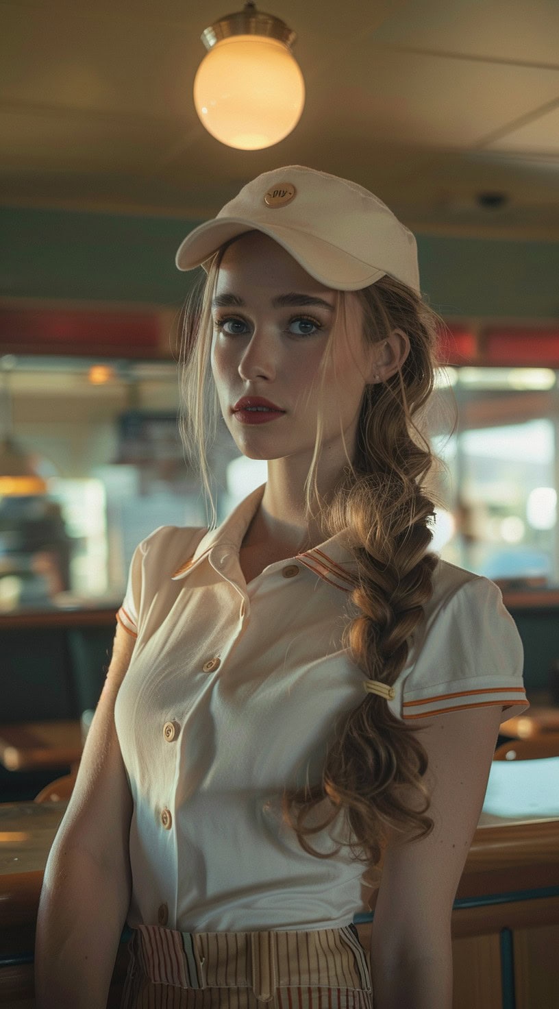 Portrait of a woman with a loose side braid and tendrils framing her face, wearing a light-colored baseball cap.