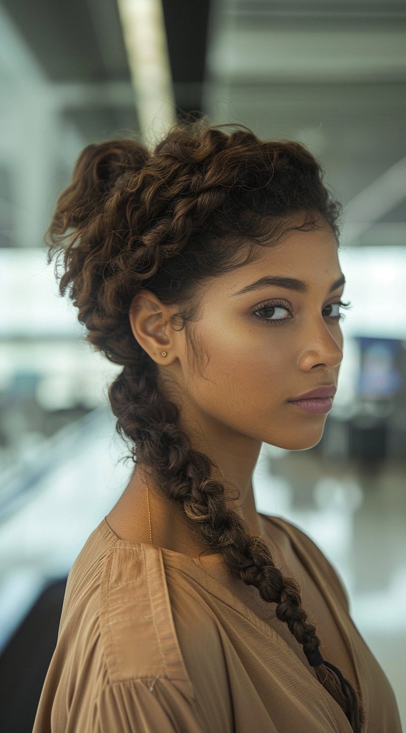 This photo shows a woman with a loose side braid.