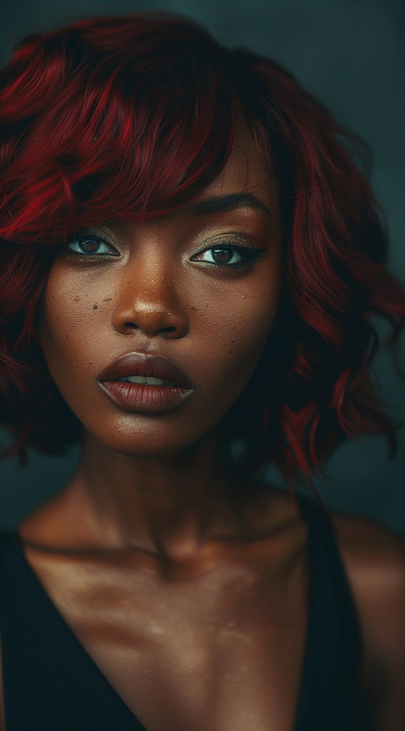 In this photo, a woman with dark skin and loose wavy red hair is shown close-up, looking confidently into the camera.