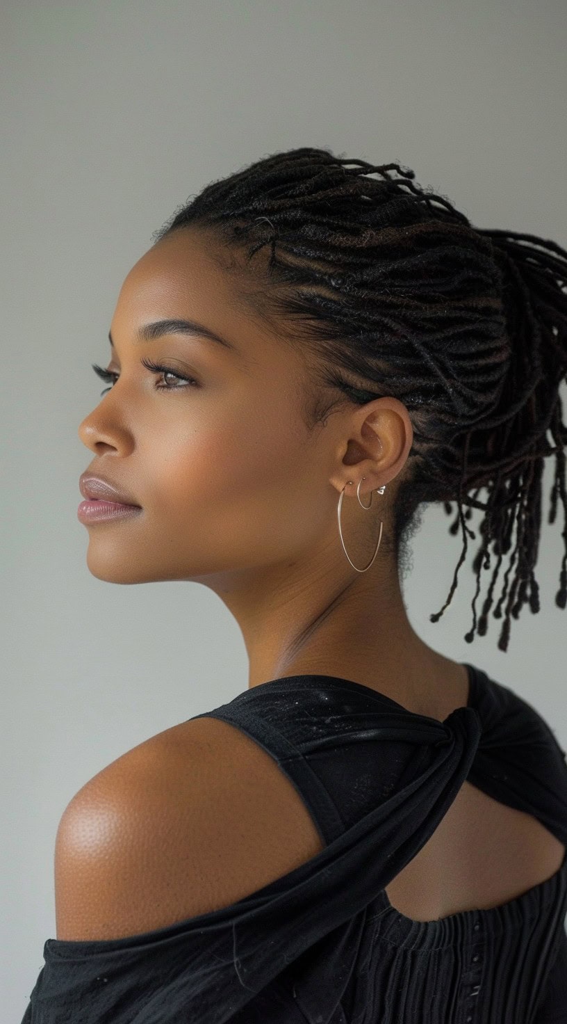 In this photo, a woman with thin locs styled in a low bun looks to the side, highlighting her elegant hairstyle.